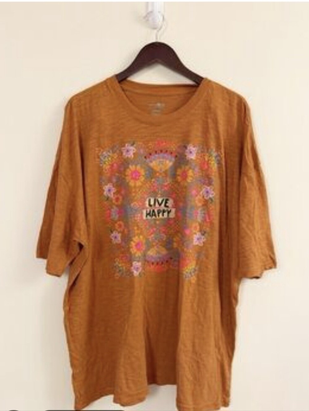 Natural Life Live Happy Floral Graphic Tee - Rust Orange Sz 3X Boho Hippie